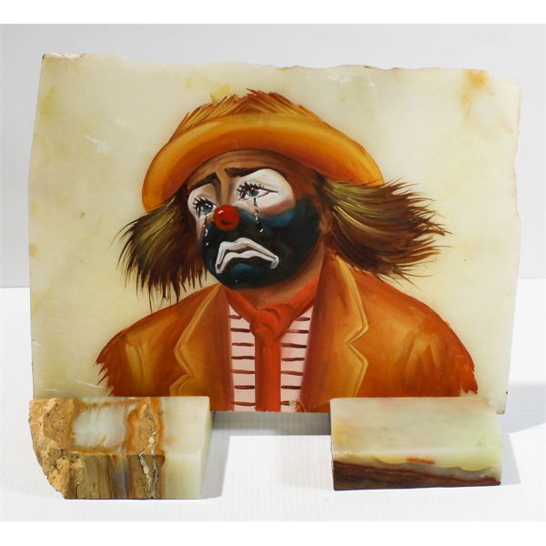 PAINTED CLOWN ON MARBLE SLAB W/ MARBLE STAND