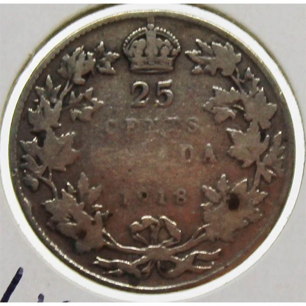 1918 CANADIAN SILVER 25 CENT COIN