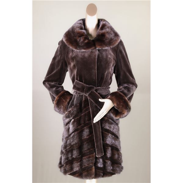 ALASKA FUR GALLERY: Natural Sheared Mahogany Mink Belted Stroller with Chevron Detailing