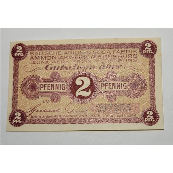 30)  GERMAN UNCIRCULATED 2 PFENNING BANKNOTE FROM