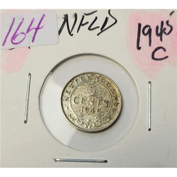 34)  NEWFOUNDLAND 1945 5 CENT COIN, 92.5 %