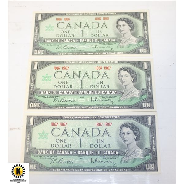 3 CANADA CENTENNIAL $1 BILLS