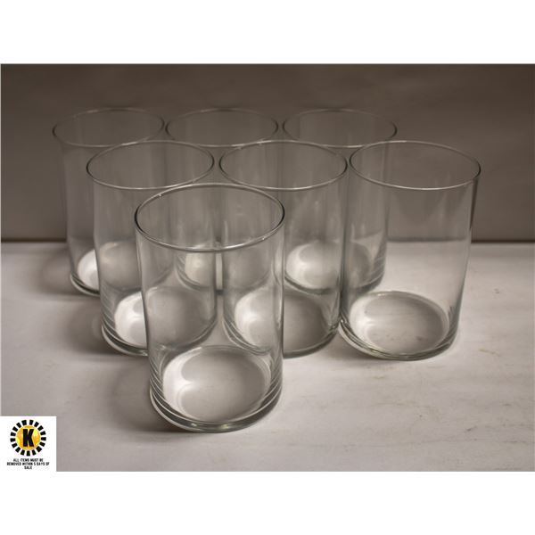 LOT OF 7 GLASS CYLINDER VASES, 4" DIAMETER 6" TALL