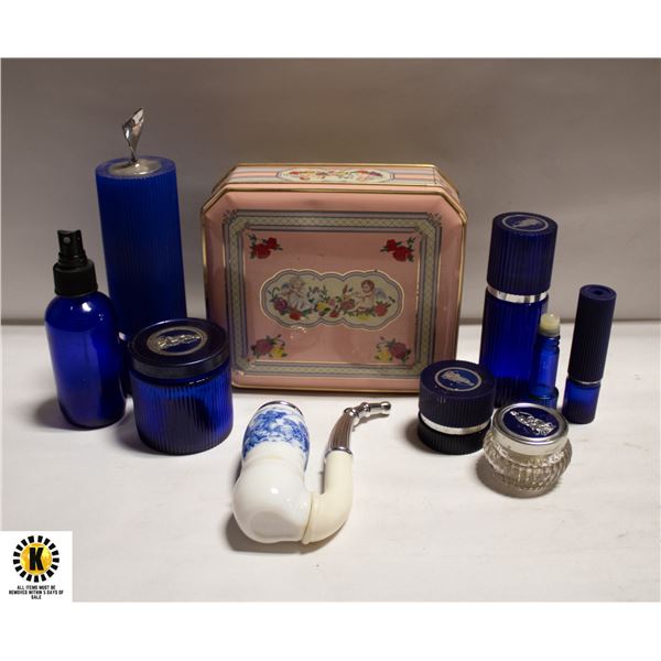 VINTAGE COBALT AVON CONTAINERS, DCOR TIN (K)