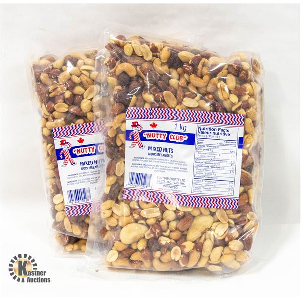 TWO ONE KG BAGS OF NUTTY CLUB, MIXED NUTS