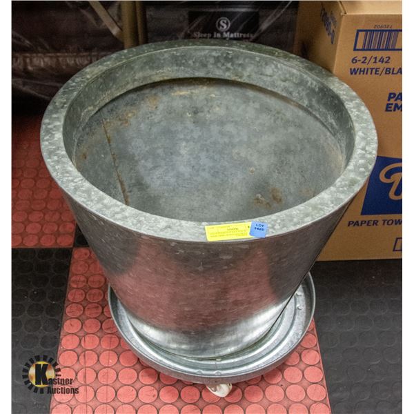 GALVANIZED PLANT POT W/ MATCHING WHEELED TRAY