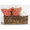Image 1 : FAUX SHEEPSKIN, THROW CUSHIONS & RATTAN LG BASKET