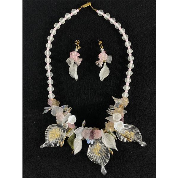 1960's Glass Cloverleaf Necklace With Matching Earrings.18" L