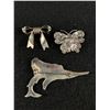 Image 2 : 3 Vintage Sterling Silver Brooch Pin -  WFS Filigree Butterfly, Rare Siam Swordfish, Bow ("B" in Hex