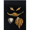 Image 1 : Vintage Signed Coro Lot - Goldtone Leaf Brooch with Faux Pearls 2.5", Curled Leaf Brooch Matching Cl