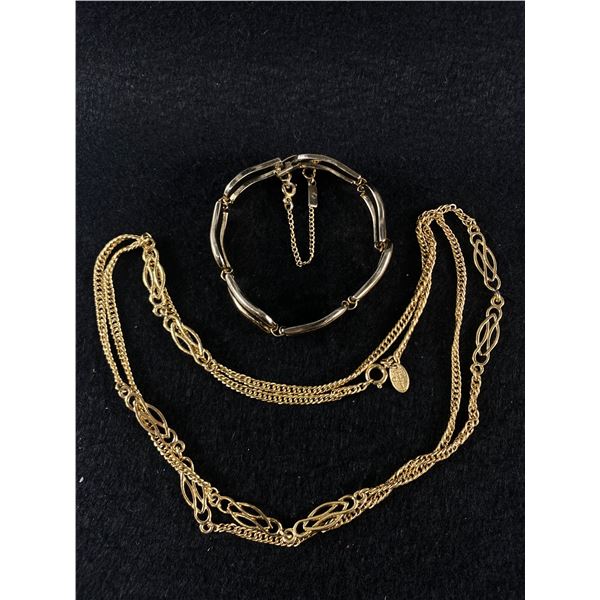 Vintage Gold Tone Lot: Vendome 36" Ornate Metal Flapper Inspired Necklace, Monet Signed Double Wave 
