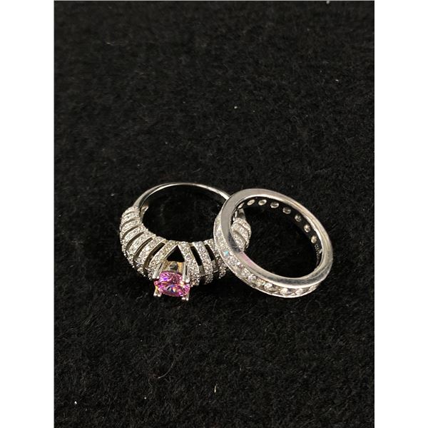 Two 925 Sterling Silver Cubic Zirconia Rings: White CZ Eternity Band, Pink & Clear - Both Size 6 - 6