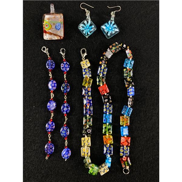 Millefiori Art Glass Lot: 10" Ankelet, 18" Necklace, 1.75" Pendant, 925 Sterling Earrings - Tested