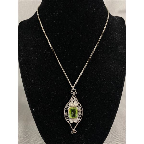 Vintage Sterling Silver Large Green Stone Pendant with Sterling Silver Chain