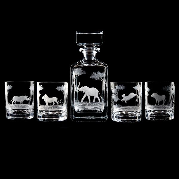 Queens Lace Crystal Big Five Decanter and Highball Glass Set