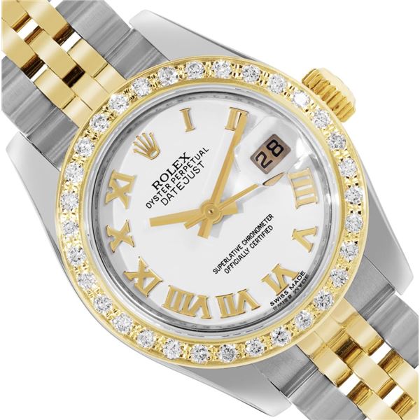 Rolex Ladies 18K Gold And Steel White Roman Diamond Bezel Hidden Clasp Datejust