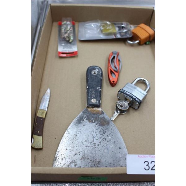 Putty knife, padlocks, folding knifes, grease
