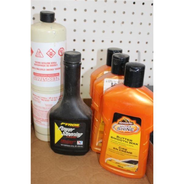 Power steering fluid, propane bottle, armor-all