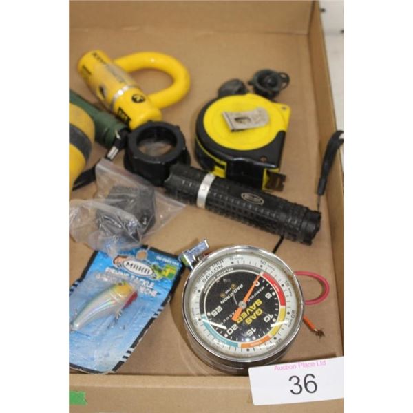 Gas saver gauge, flashlights, tape measure,