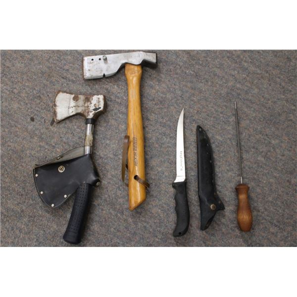 Hatchets, fillet knife, knife sharpener
