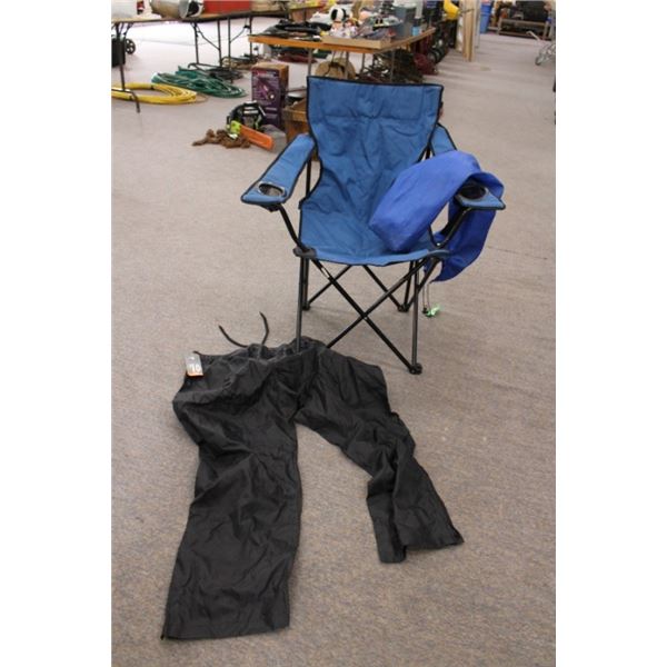blue folding lawn chair, XL pants