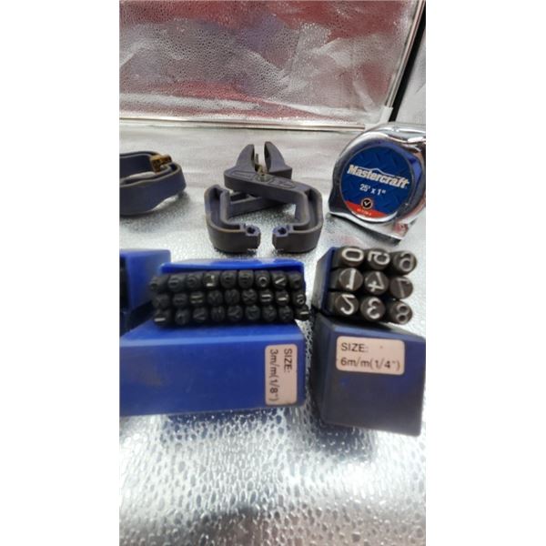 Spring clamps, tape measure, number/letter punch