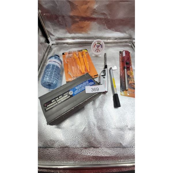 Power inverter, tent pegs, lighters