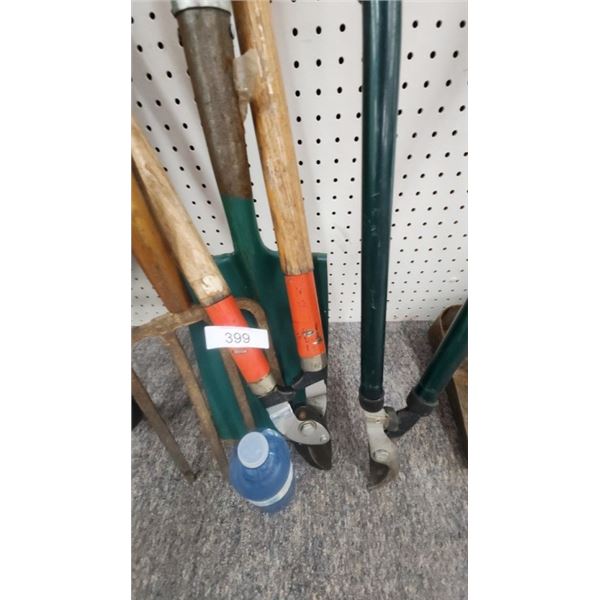 2 garden shears, shovel, pitch fork