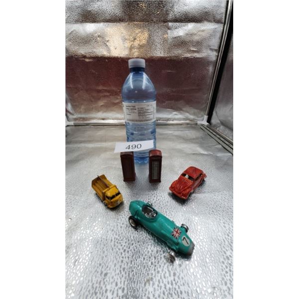 Vintage car toys, telephone booth toys metal