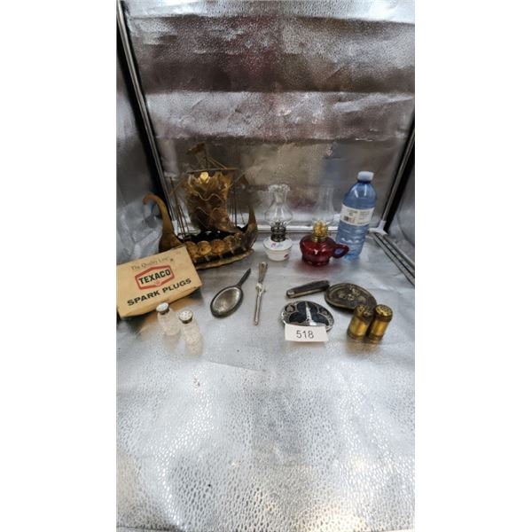 Oil lamps, salt  & pepper shakers, mirror, brass