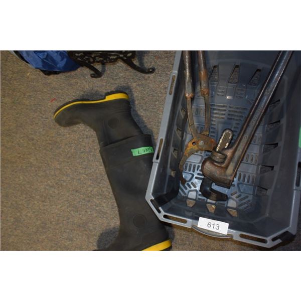 Pipe wrench, tongs, Gum boots size 7