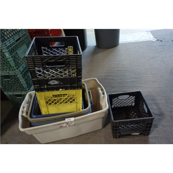 Plastic storage bins, milk crates