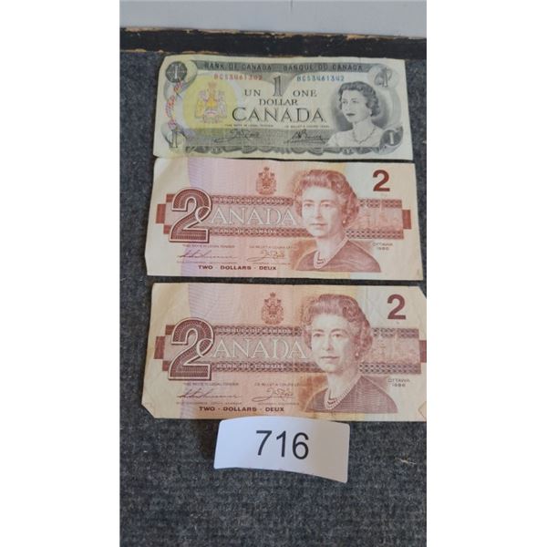 2-1986 Two Dollar Bills 1-1973 One Dollar Bill