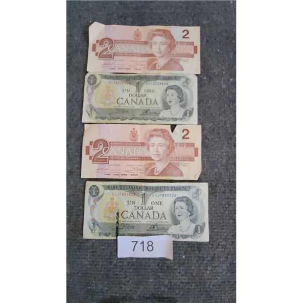 2-1986 Two Dollar Bills & 2-1973 One Dollar Bills