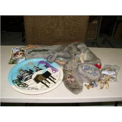 Very nice lot of costume jewelry : stands of jade beads, silver pin, many other assorted pins, large