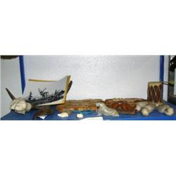 Soapstone walrus, scrimshawed ivory, carved bone face, original water colors, horn, misc. (159)