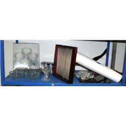 Backgammon board, chess set game board, and assorted glass ware, 2 unframed Indian photographs (159)