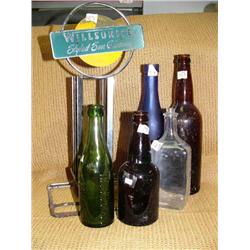 Lot of 6: 5 old bottles and a Willsonite Styled Sunglasses stand (2)