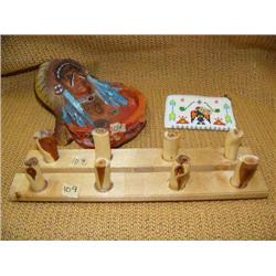 Lot of 2 wood wall pegs, Native American Chief dish and coin purse (2)