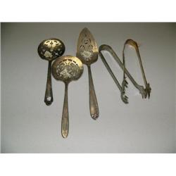Lot of 5: 3 serving pieces and 2 tongs (2)