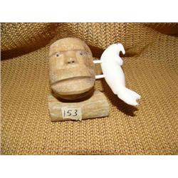 Fossilized bone face with ivory seal on bone base by Mark Seeganna (2)