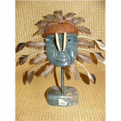 Soapstone mask with wood and feathers on soapstone base by Bowham Kealiner of Nome, AK (204)