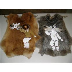 Lot of 2 fur wall hangings of Alaska Native dancers with wood dance masks (152)