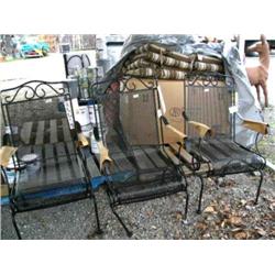 Lot of: 3 Napa style outdoor chairs and 2 sets of cushions: brown strips and red stripes (8)