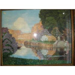 Framed original of garden and river scene (2)