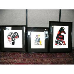 Lot of 3 original Tlingit style figures, framed and matted (2)