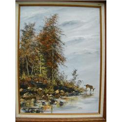 Original acrylic painting by Al Koenig from Hudson, OH of deer, "Quiet Waters" done in 1979 (158)