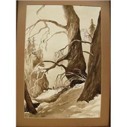 Original water color by Diana Tillion - famous Alaskan Artist 26"x17.5" man walking through trees (1