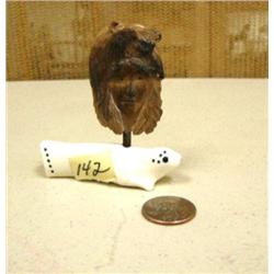 Relief carved mammoth ivory bear, fish and Indian face mounted on white ivory seal 3" (2)