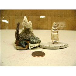 Lot of 2: Bone and soapstone carving 3" tall of shells and 2" ivory billiken (2)